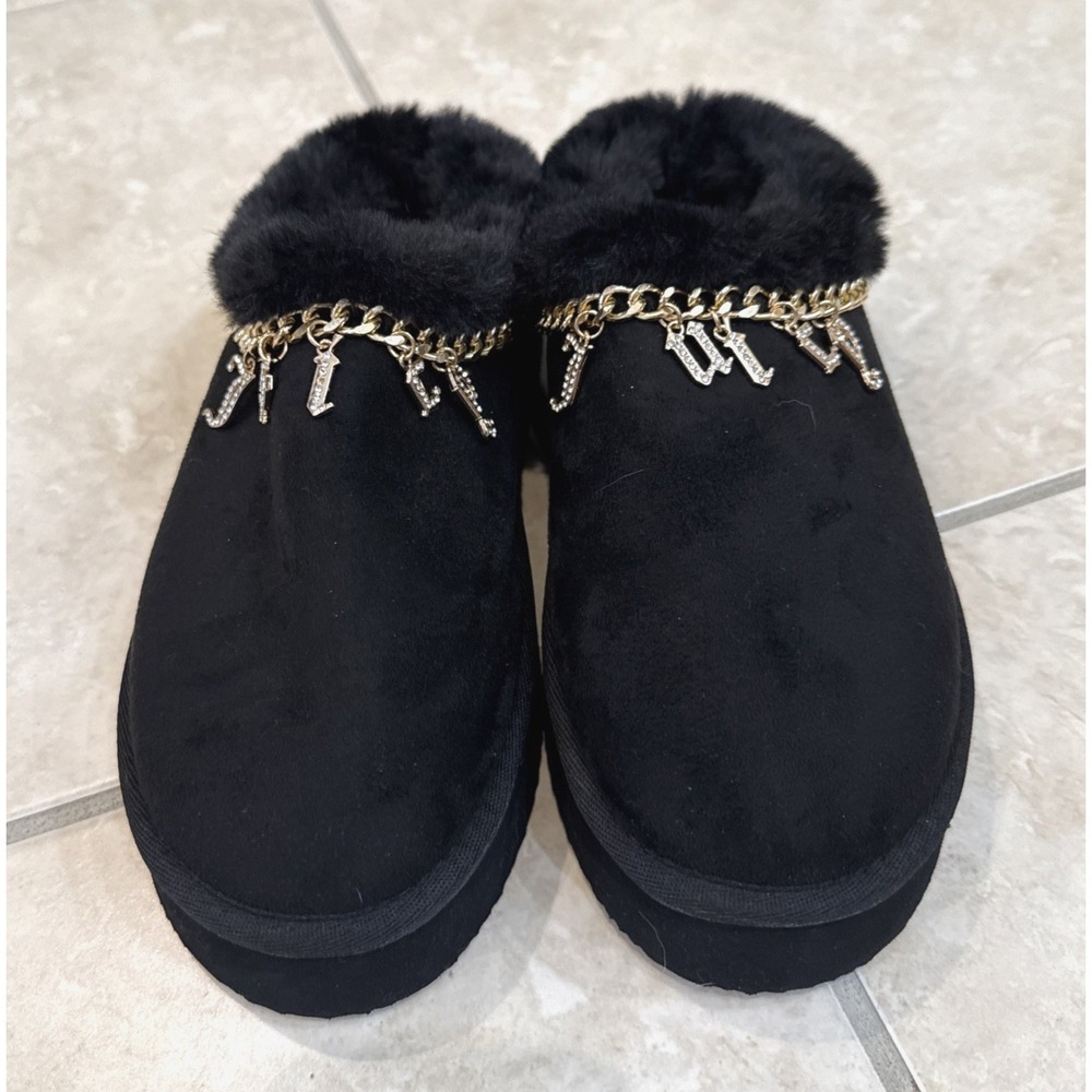 NWT Juicy Couture Orchard Faux Fur Black Slippers Platform Sz 8 Gold Chain Stone
